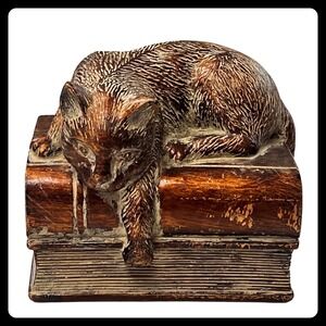 Cat on Books Bookend Home Decor Brown Resin Heavyweight Library Style